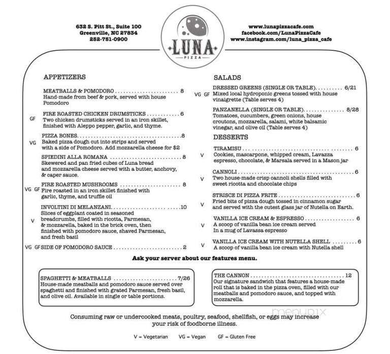 Luna Pizza Cafe - Greenville, NC menu_pic