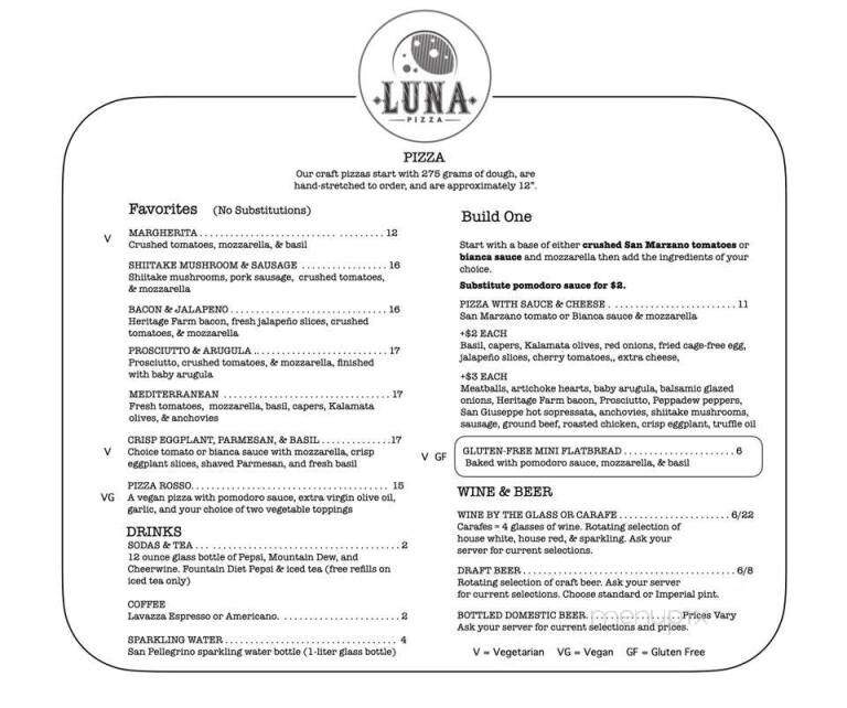 Luna Pizza Cafe - Greenville, NC menu_pic