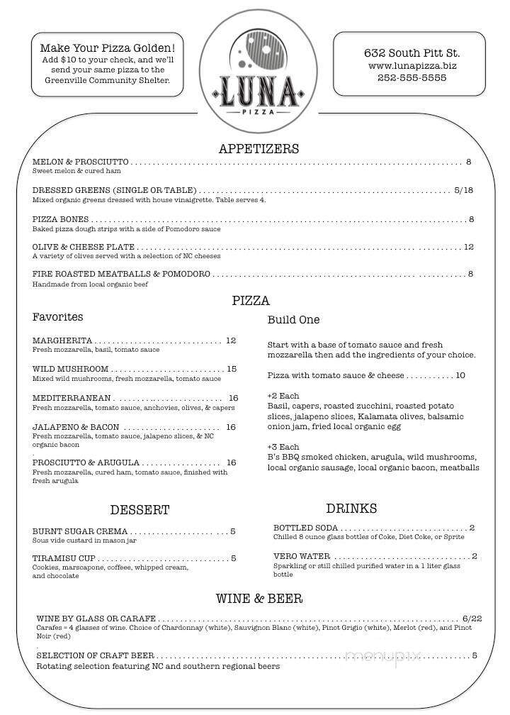 Luna Pizza Cafe - Greenville, NC menu_pic