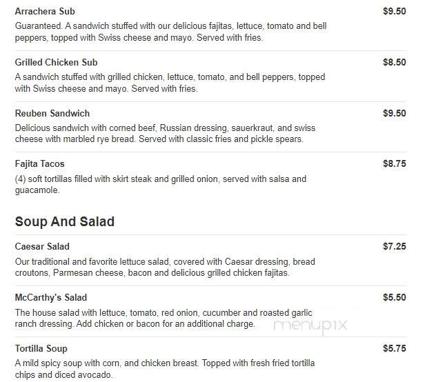 McCarthy's Irish Pub - Brownsville, TX menu_pic