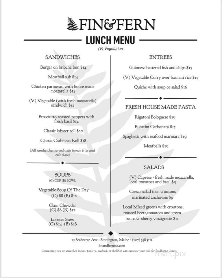 Fin and Fern - Stonington, ME menu_pic