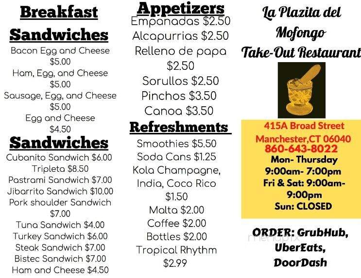 La Plazita del Mofongo Restaurant - Manchester, CT menu_pic