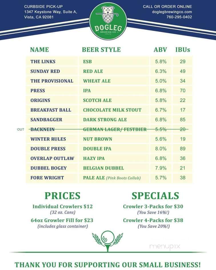 Dogleg Brewing Company - Vista, CA menu_pic