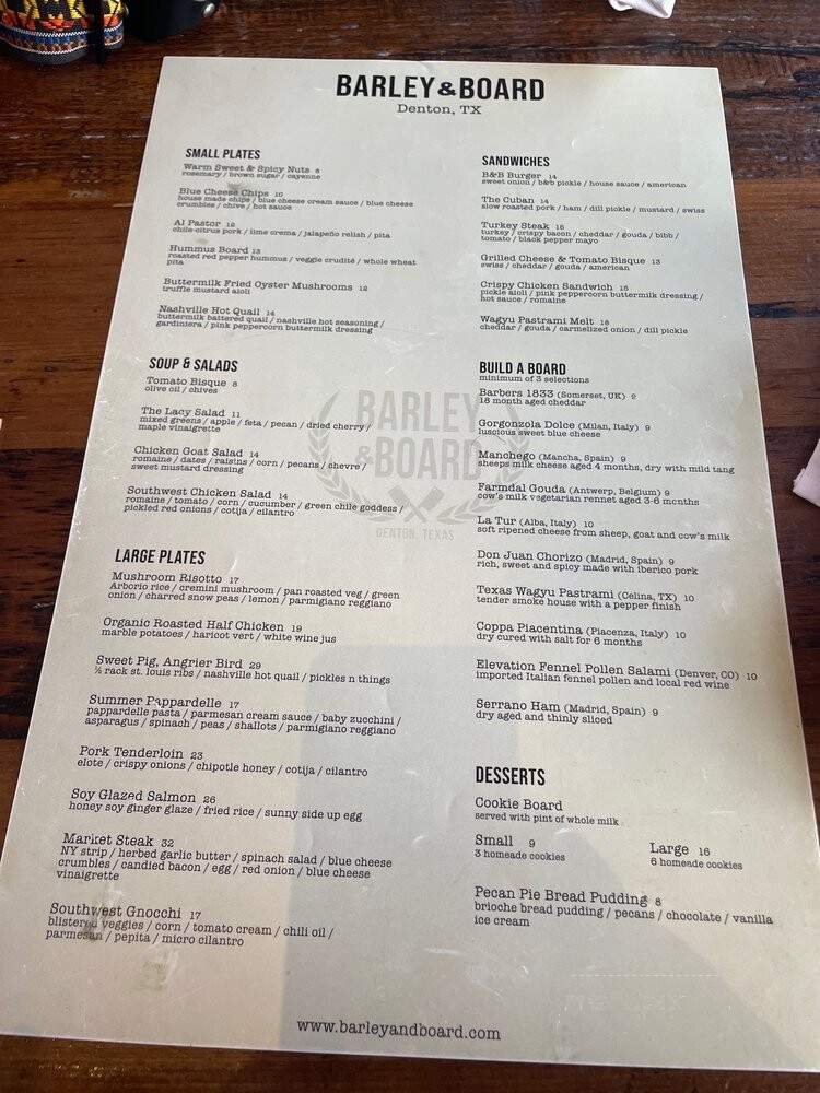 Barley and Board - Denton, TX menu_pic