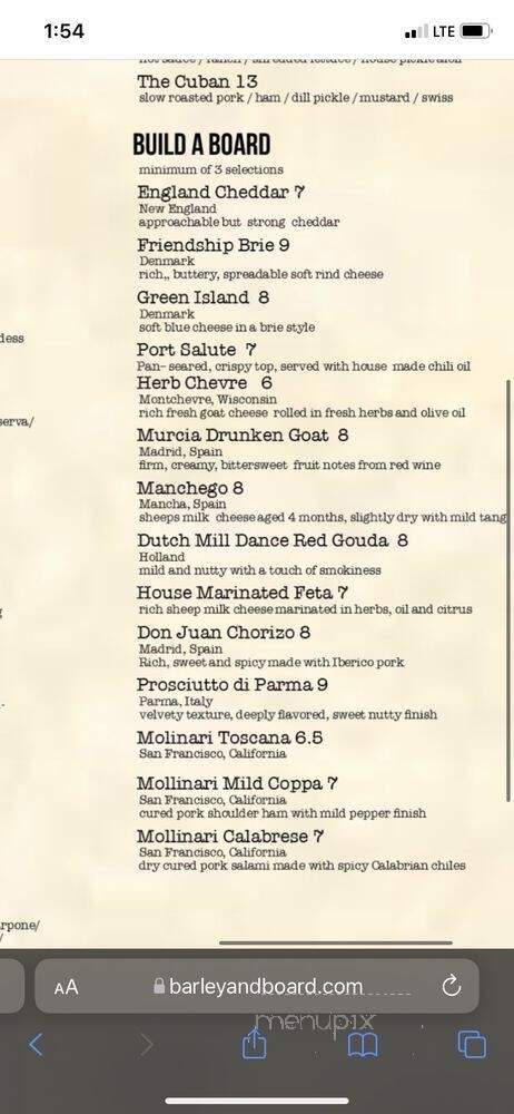 Barley and Board - Denton, TX menu_pic