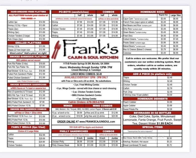 Frank's Cajun and Soul Kitchen - Marietta, GA menu_pic