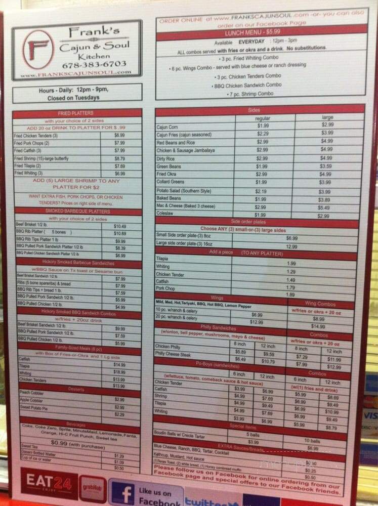 Frank's Cajun and Soul Kitchen - Marietta, GA menu_pic