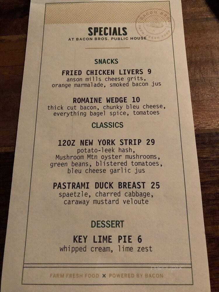 Bacon Bros Public House - Greenville, SC menu_pic