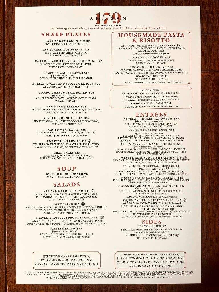 Artisan 179 - Pewaukee, WI menu_pic