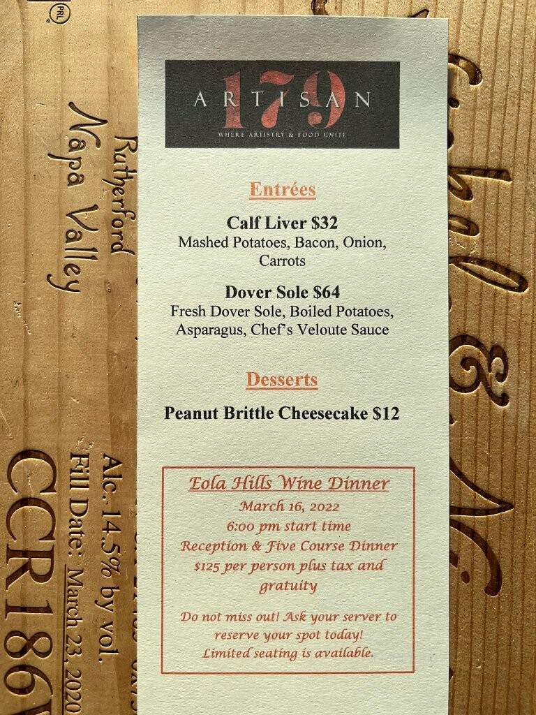 Artisan 179 - Pewaukee, WI menu_pic