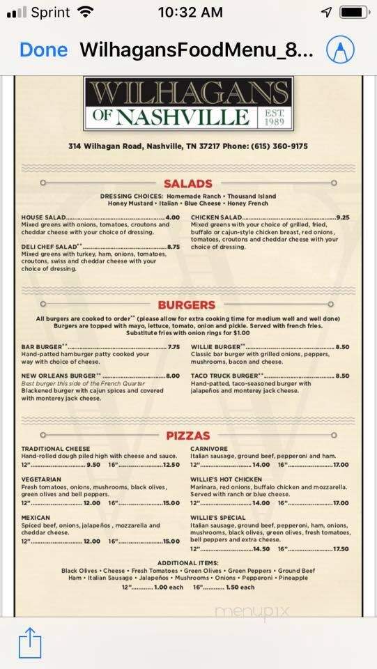 Wilhagan's - Nashville, TN menu_pic