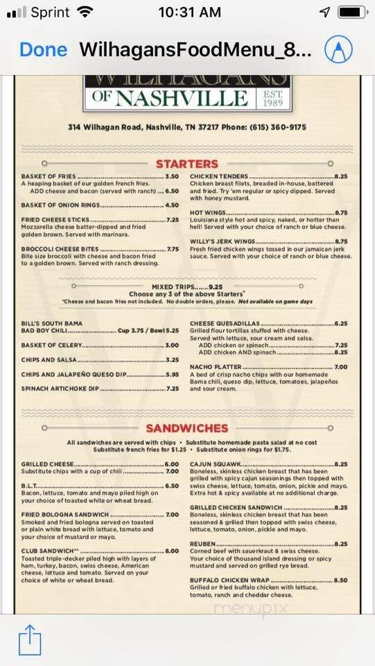 Wilhagan's - Nashville, TN menu_pic