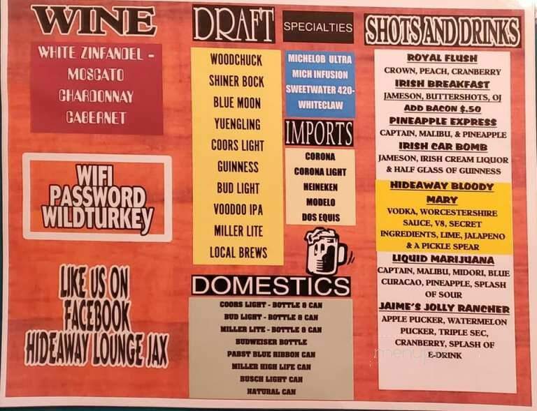 Hide Away Lounge - Jacksonville, NC menu_pic