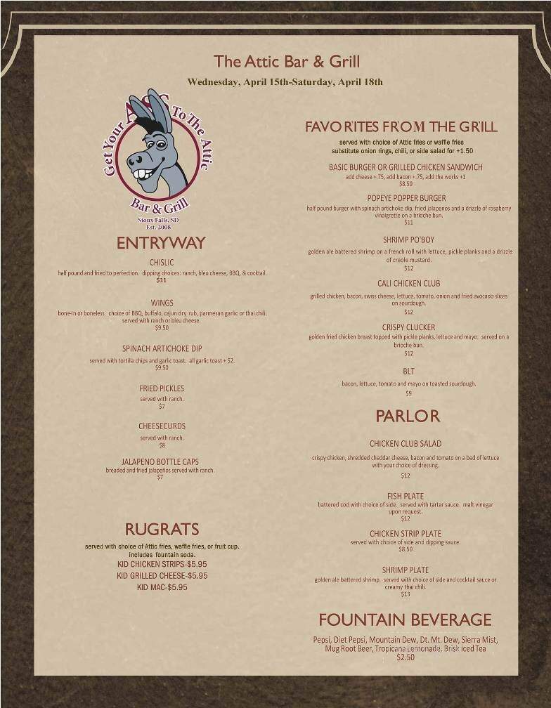 Attic Bar & Grill - Sioux Falls, SD menu_pic