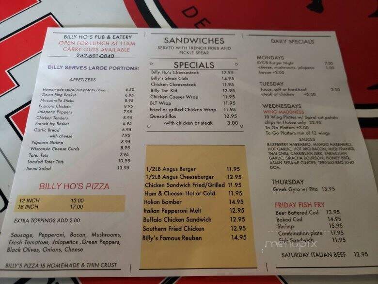 Billy-Ho's - Pewaukee, WI menu_pic