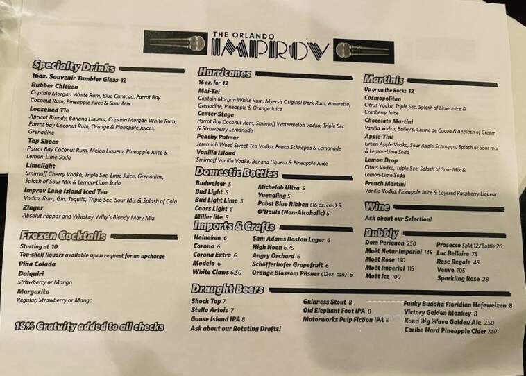 Orlando Improv Comedy Club & Dinner Theatre - Orlando, FL menu_pic
