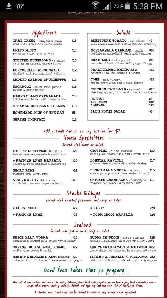 Uncle Sal's Italian Ristoranti - Scottsdale, AZ menu_pic