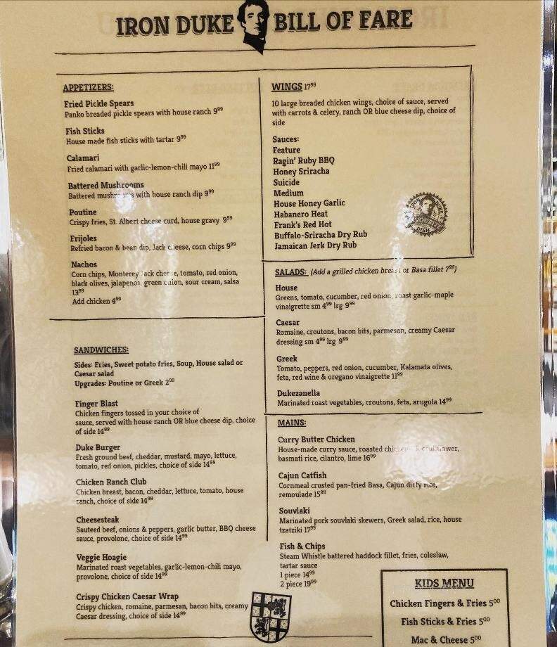 The Iron Duke on Wellington - Kingston, ON menu_pic