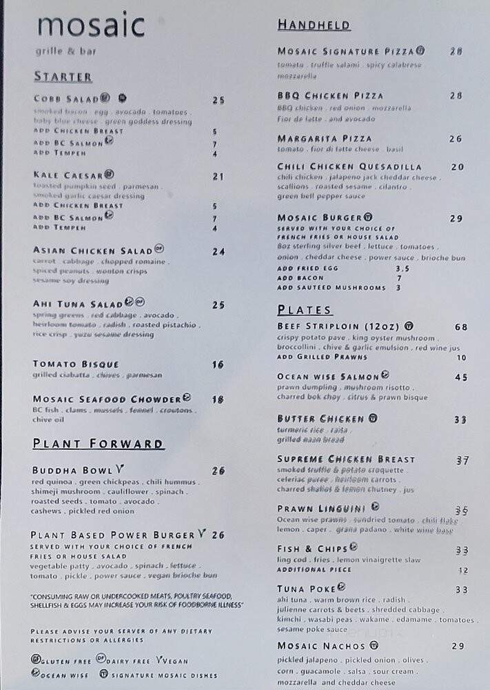 Mosaic Bar & Grille - Vancouver, BC menu_pic
