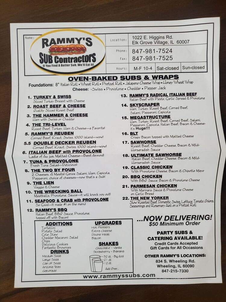 Rammy's Sub Contractors - Elk Grove Village, IL menu_pic
