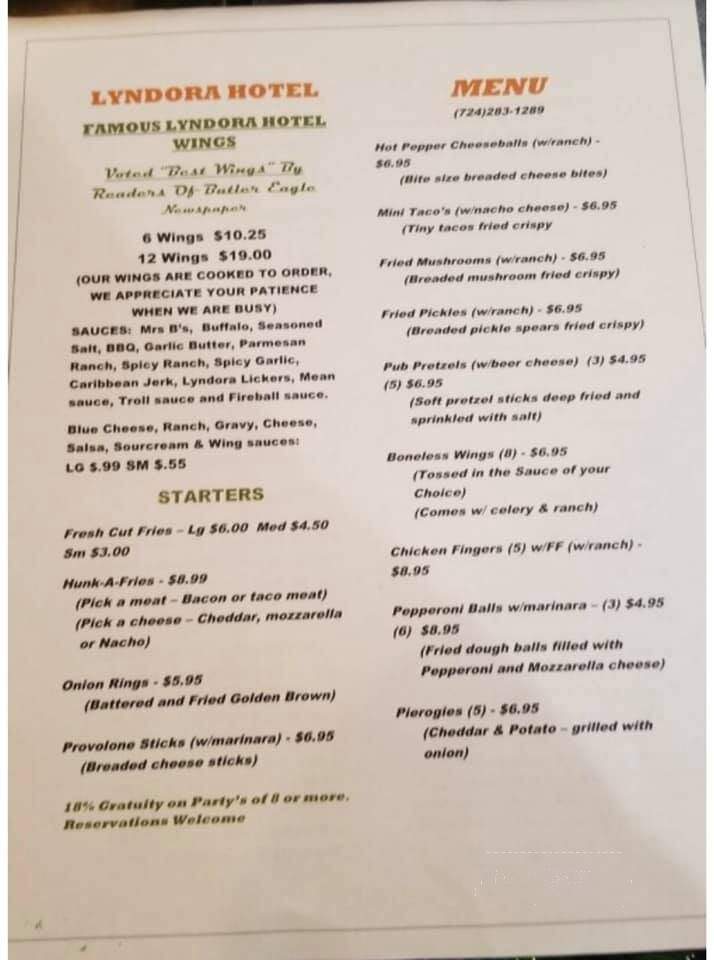 Lyndora Hotel - Lyndora, PA menu_pic