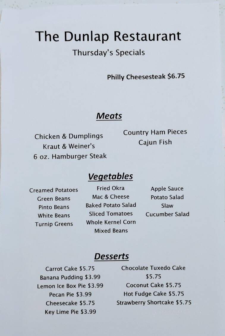 Dunlap Restaurant - Dunlap, TN menu_pic