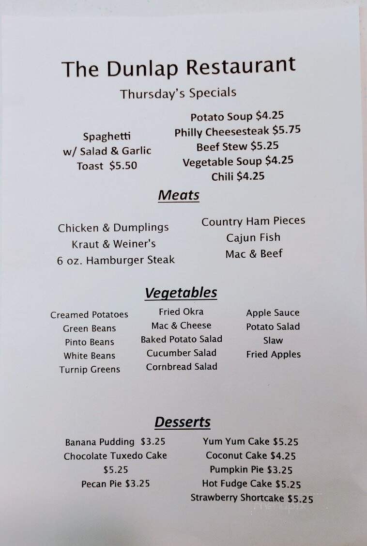 Dunlap Restaurant - Dunlap, TN menu_pic