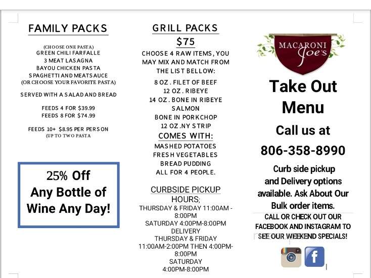 Macaroni Joe's Restaurant - Amarillo, TX menu_pic