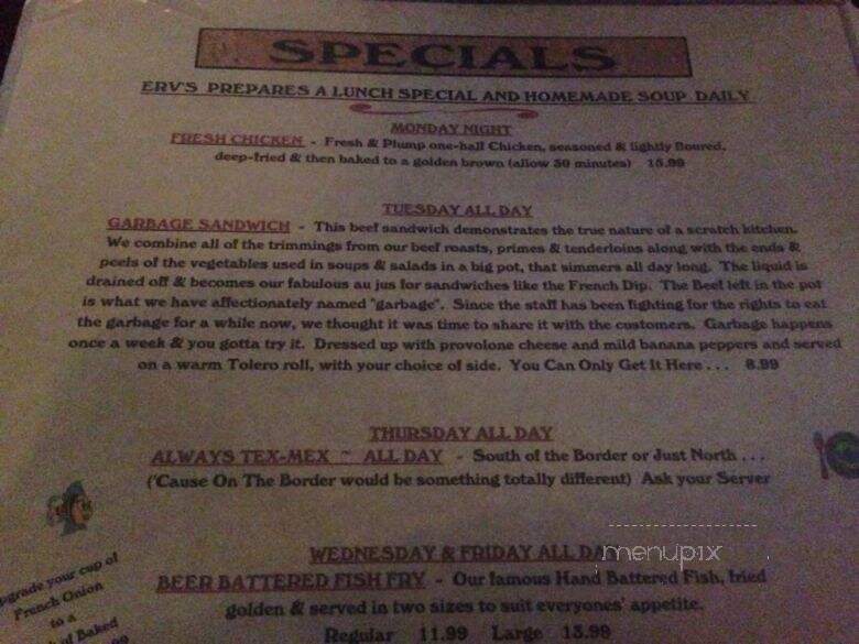 Erv's Mug - Oak Creek, WI menu_pic