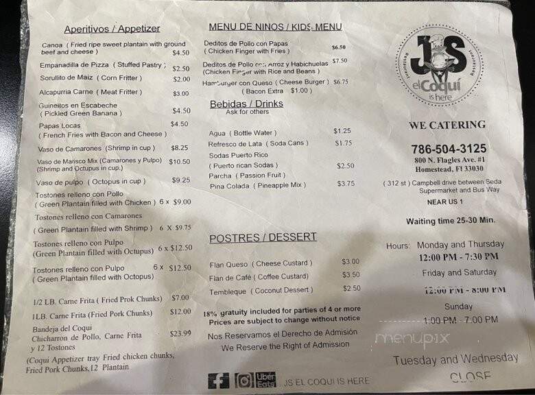 JS El Coqui Is Here - Homestead, FL menu_pic