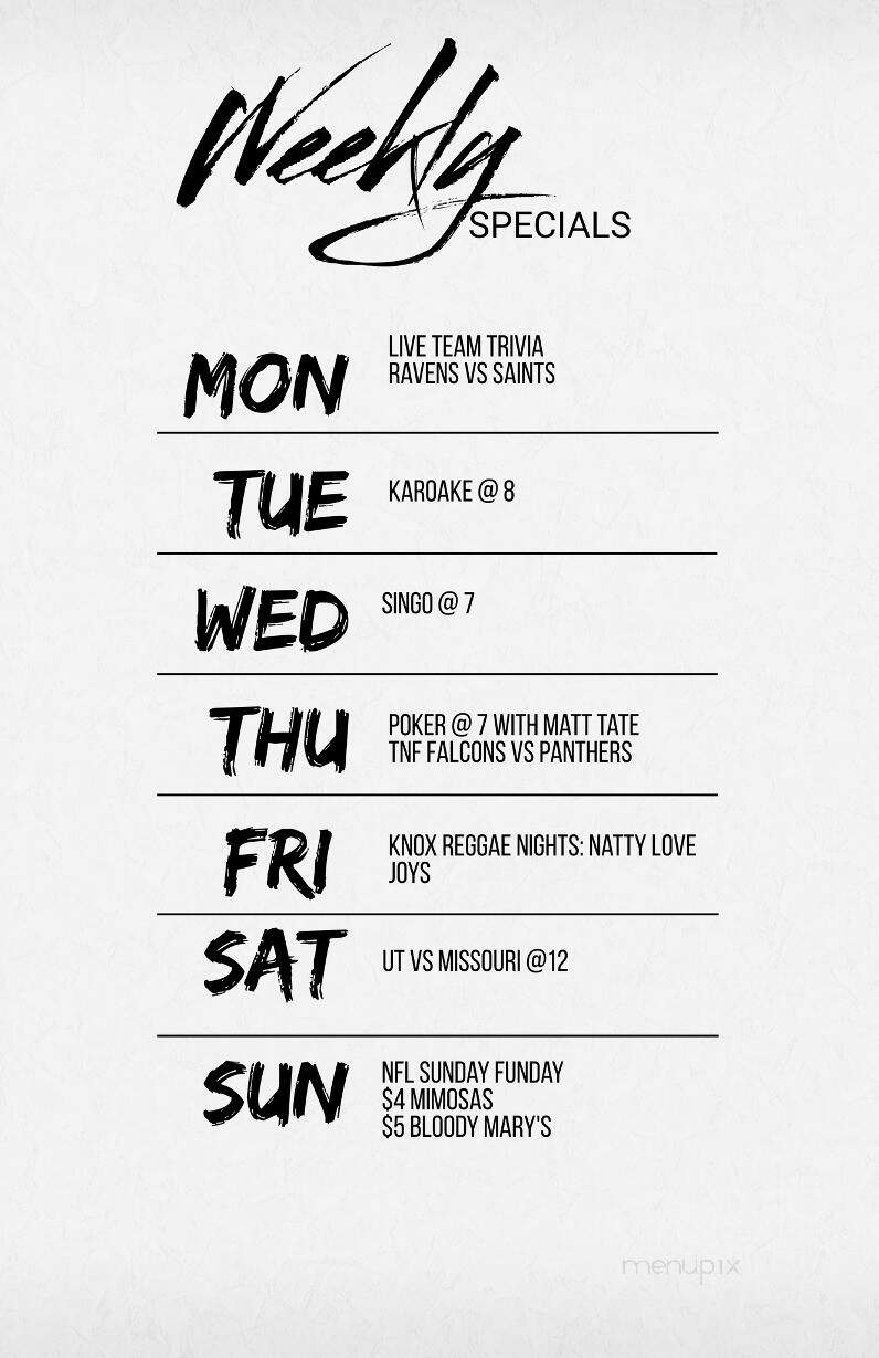 Union Place Bar and Grill - Knoxville, TN menu_pic