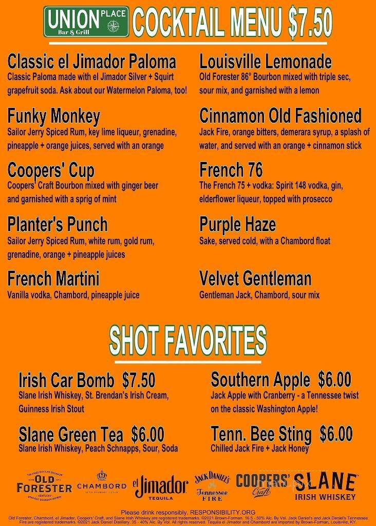 Union Place Bar and Grill - Knoxville, TN menu_pic