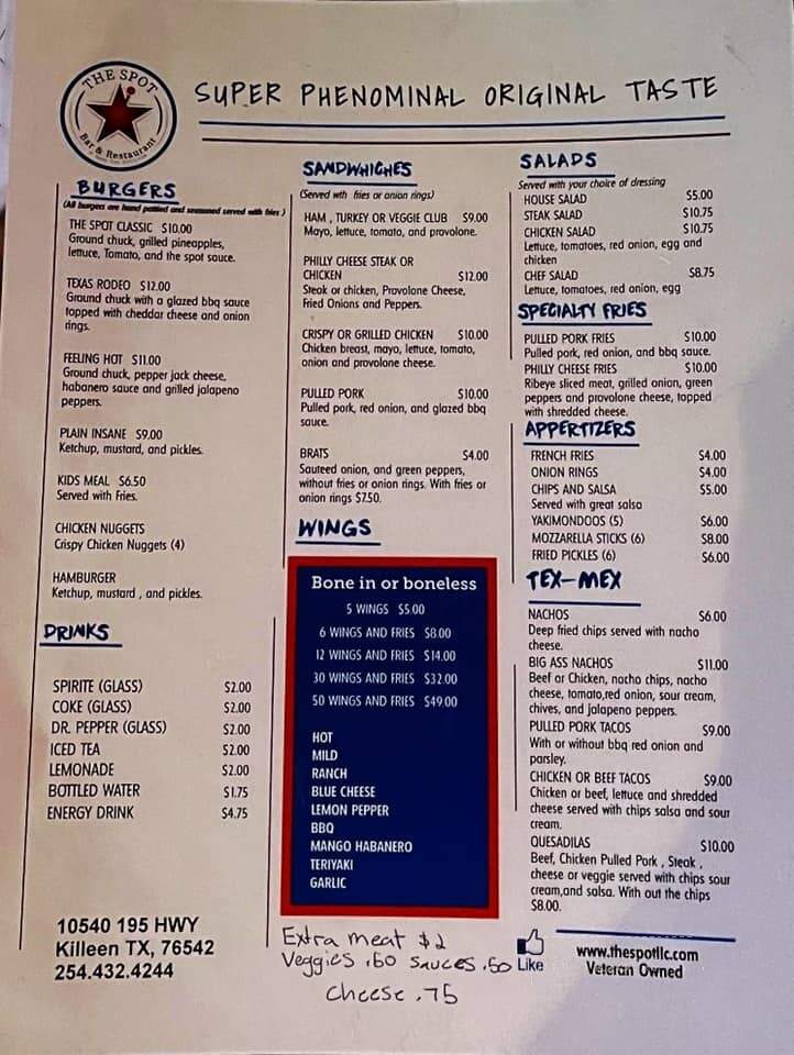 The Spot Bar & Restaurant - Killeen, TX menu_pic
