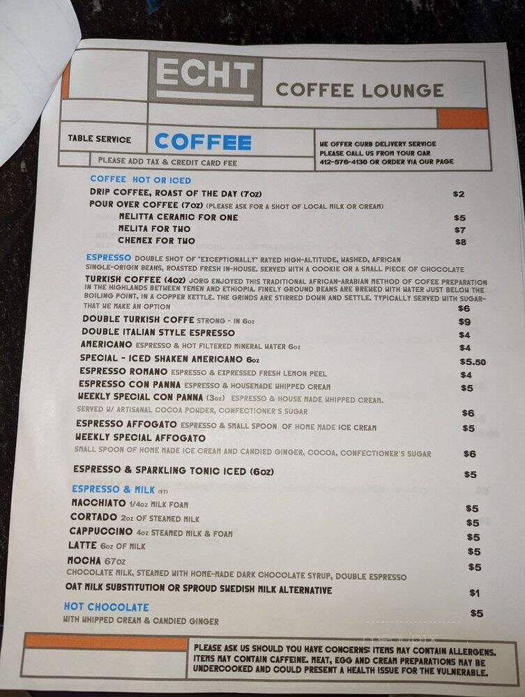 ECHT Coffee House - Pittsburgh, PA menu_pic