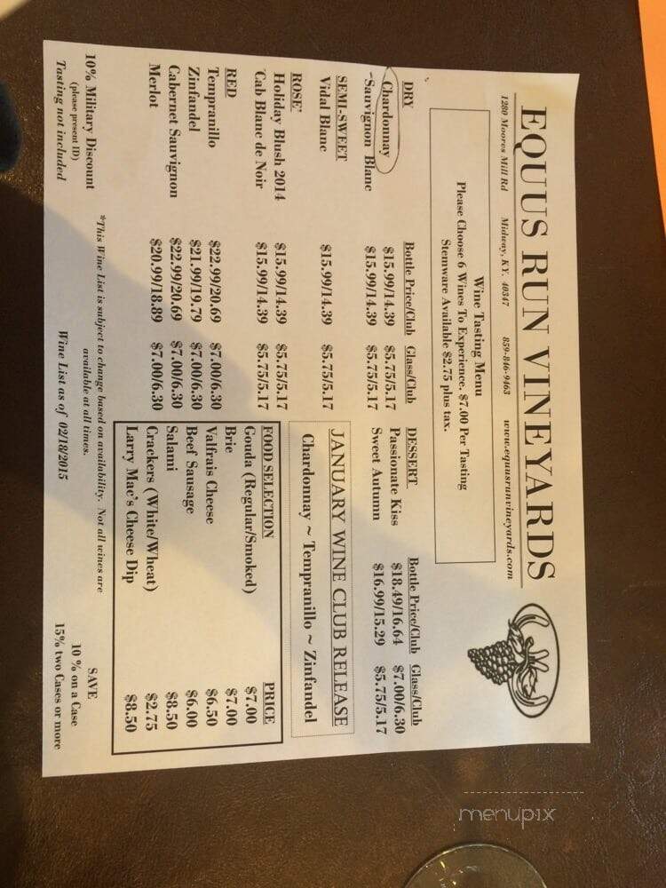 Equus Run Vineyard - Midway, KY menu_pic