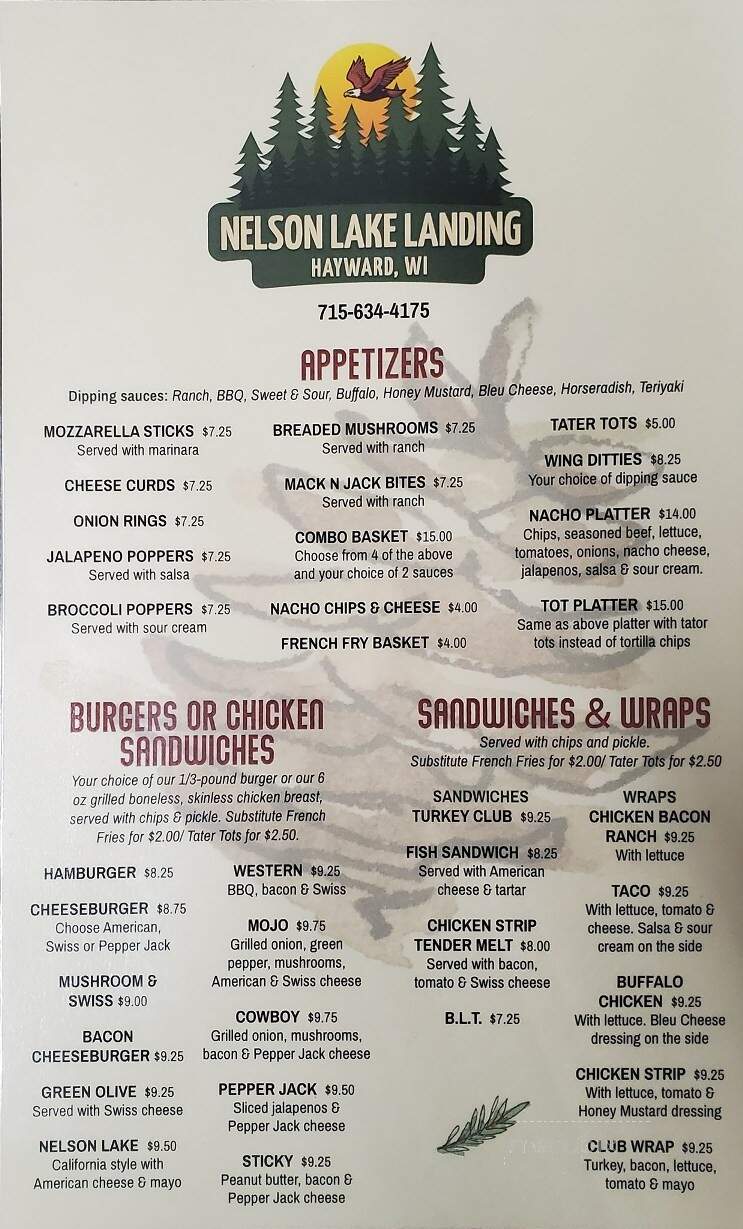 Nelson Lake Lodge - Hayward, WI menu_pic
