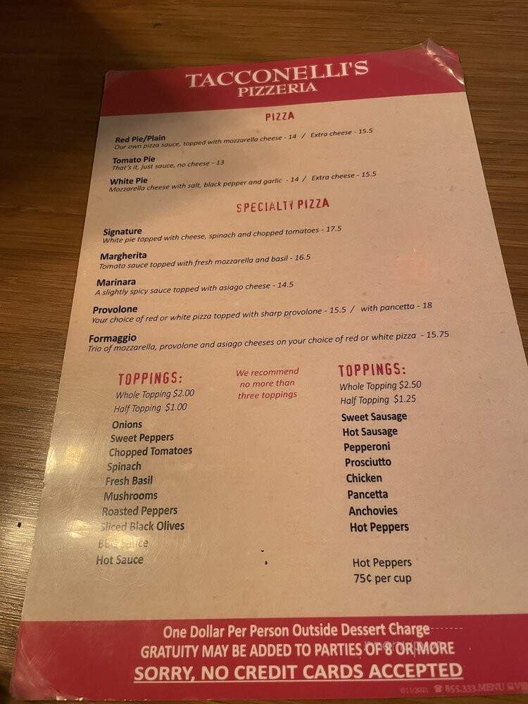 Tacconelli's Pizzeria - Maple Shade, NJ menu_pic