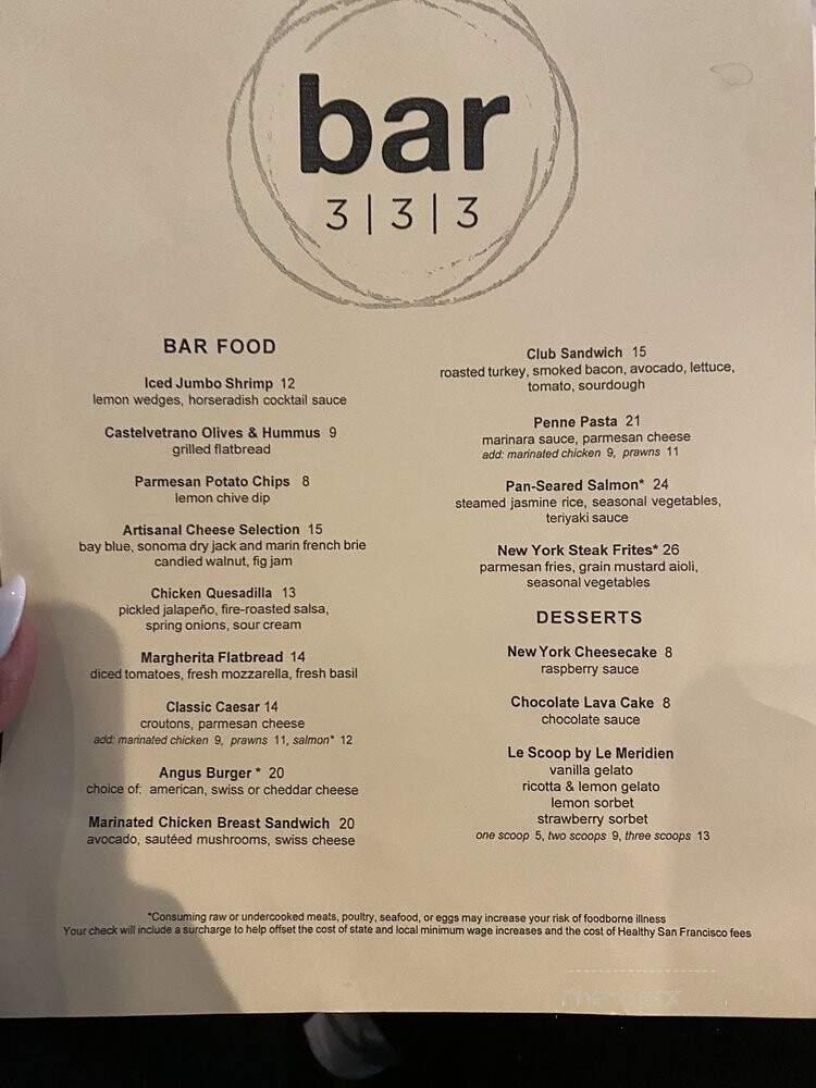 Bar 333 & Bistro - San Francisco, CA menu_pic