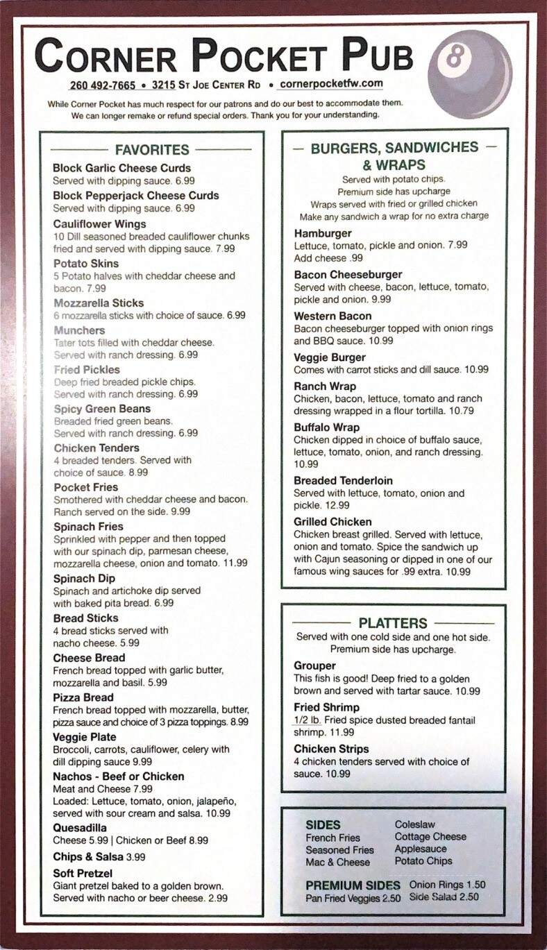 The Corner Pocket Pub - Fort Wayne, IN menu_pic