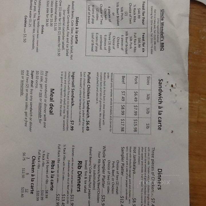 Uncle Wendell's BBQ Catering and Bakery - Des Moines, IA menu_pic