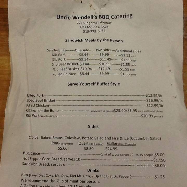 Uncle Wendell's BBQ Catering and Bakery - Des Moines, IA menu_pic