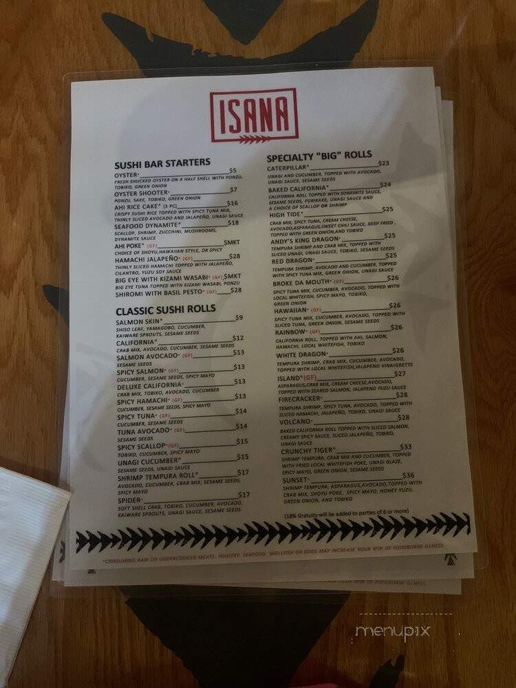 Isana Restaurant - Kihei, HI menu_pic