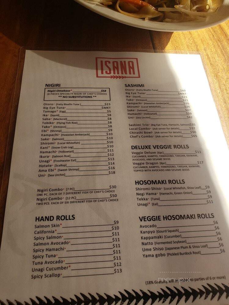 Isana Restaurant - Kihei, HI menu_pic