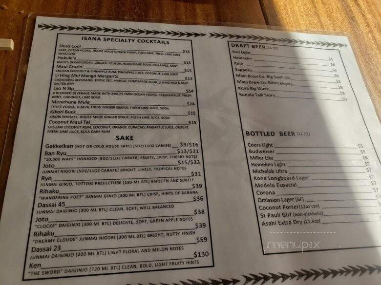 Isana Restaurant - Kihei, HI menu_pic