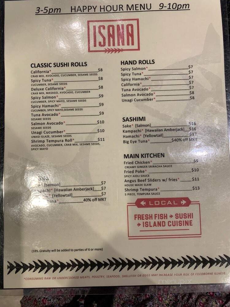 Isana Restaurant - Kihei, HI menu_pic