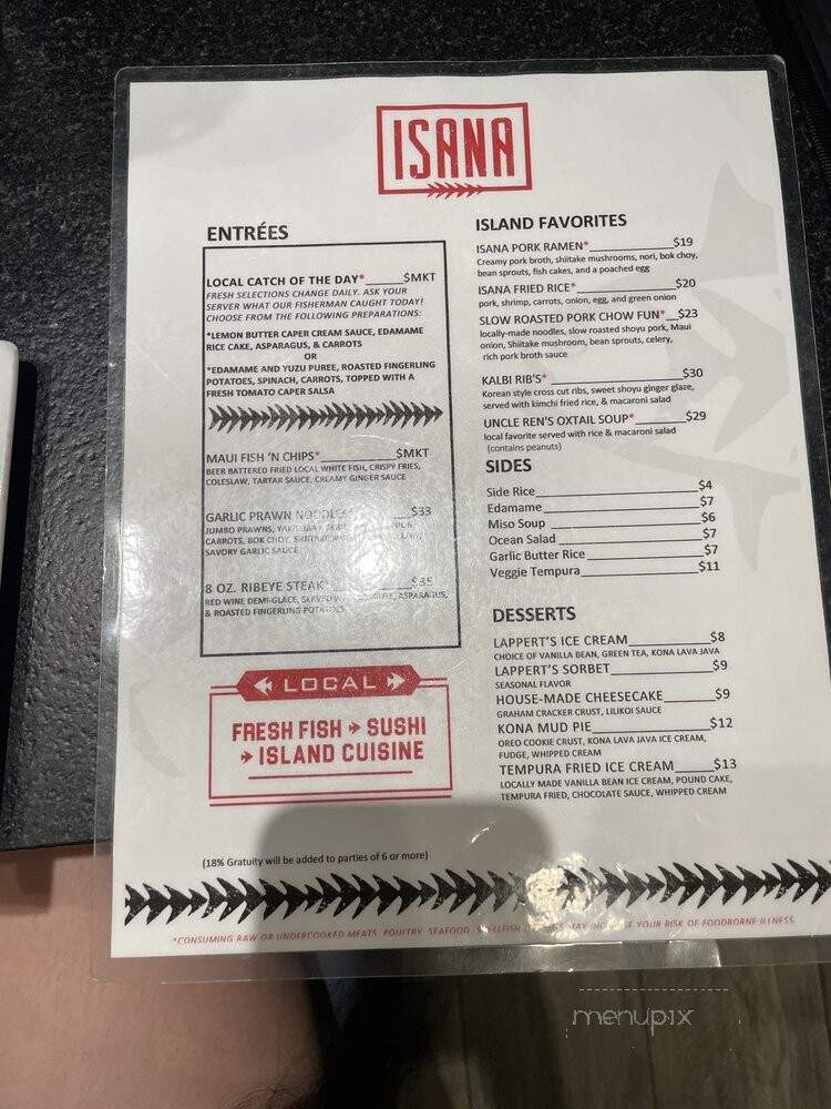 Isana Restaurant - Kihei, HI menu_pic
