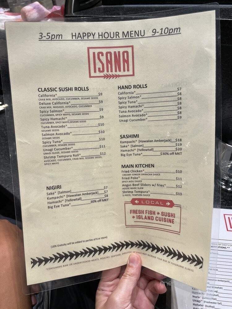 Isana Restaurant - Kihei, HI menu_pic