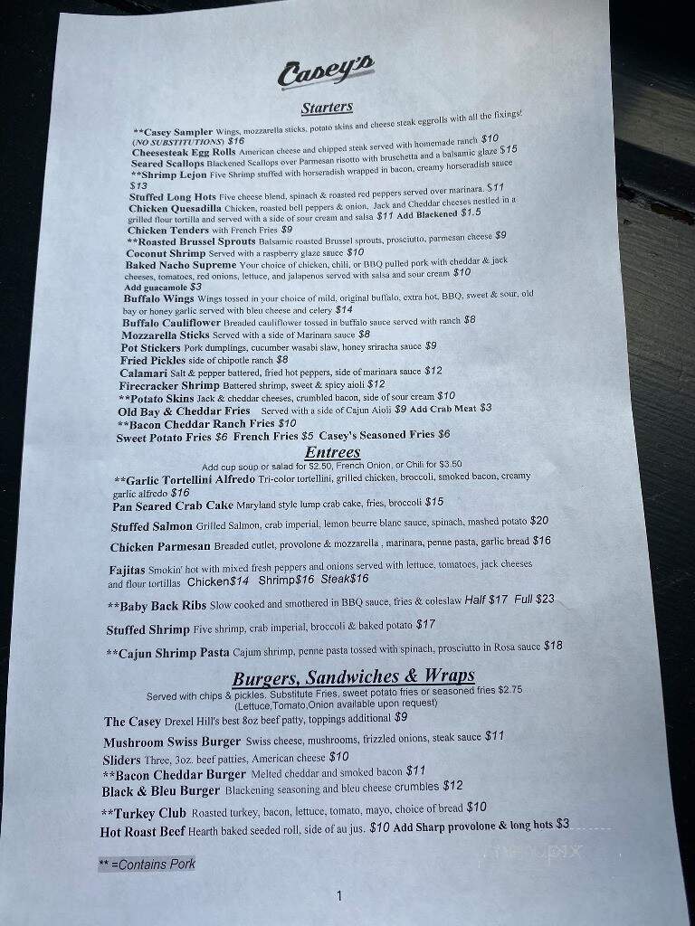 Casey's Saloon & Restaurant - Drexel Hill, PA menu_pic