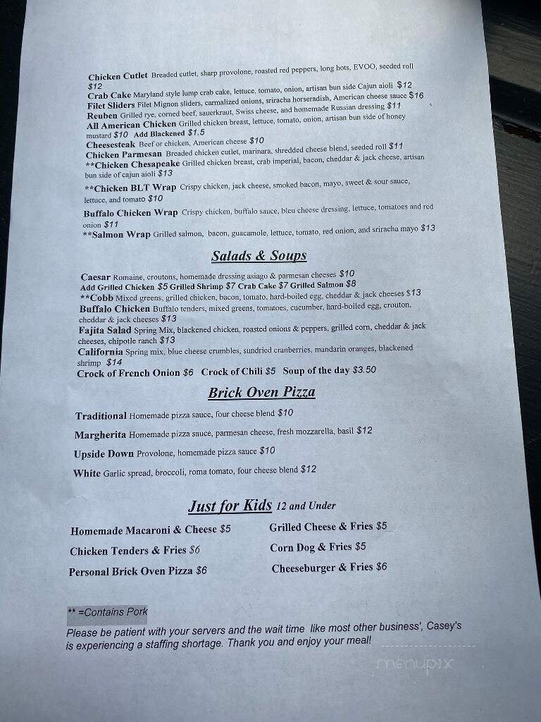 Casey's Saloon & Restaurant - Drexel Hill, PA menu_pic