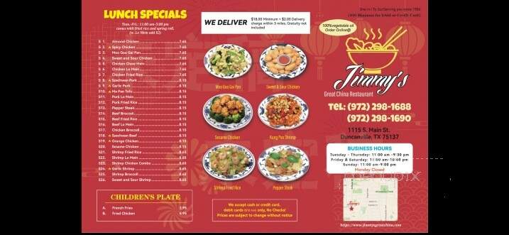 Jimmy's Great China Restaurant - Duncanville, TX menu_pic